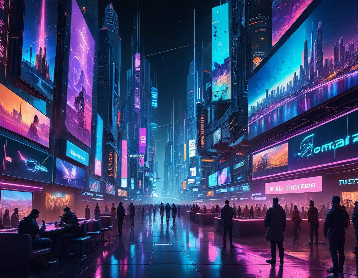 A futuristic cityscape with holographic billboards showcasing streaming services, people watching content on sleek, floating screens, and virtual reality lounges. Bright, neon lights and advanced technology everywhere, with a clear sky overhead displaying digital constellations. cyberpunk. vibrant colors. futuristic.