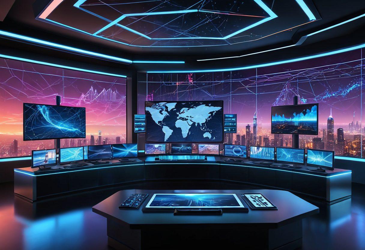 A futuristic, vibrant control room filled with holographic screens displaying real-time data streams of TV shows and online broadcasts, interconnected by glowing fiber optic networks, with a digital skyline in the background showcasing network connectivity. Vector art. Vibrant colors. 3D elements.