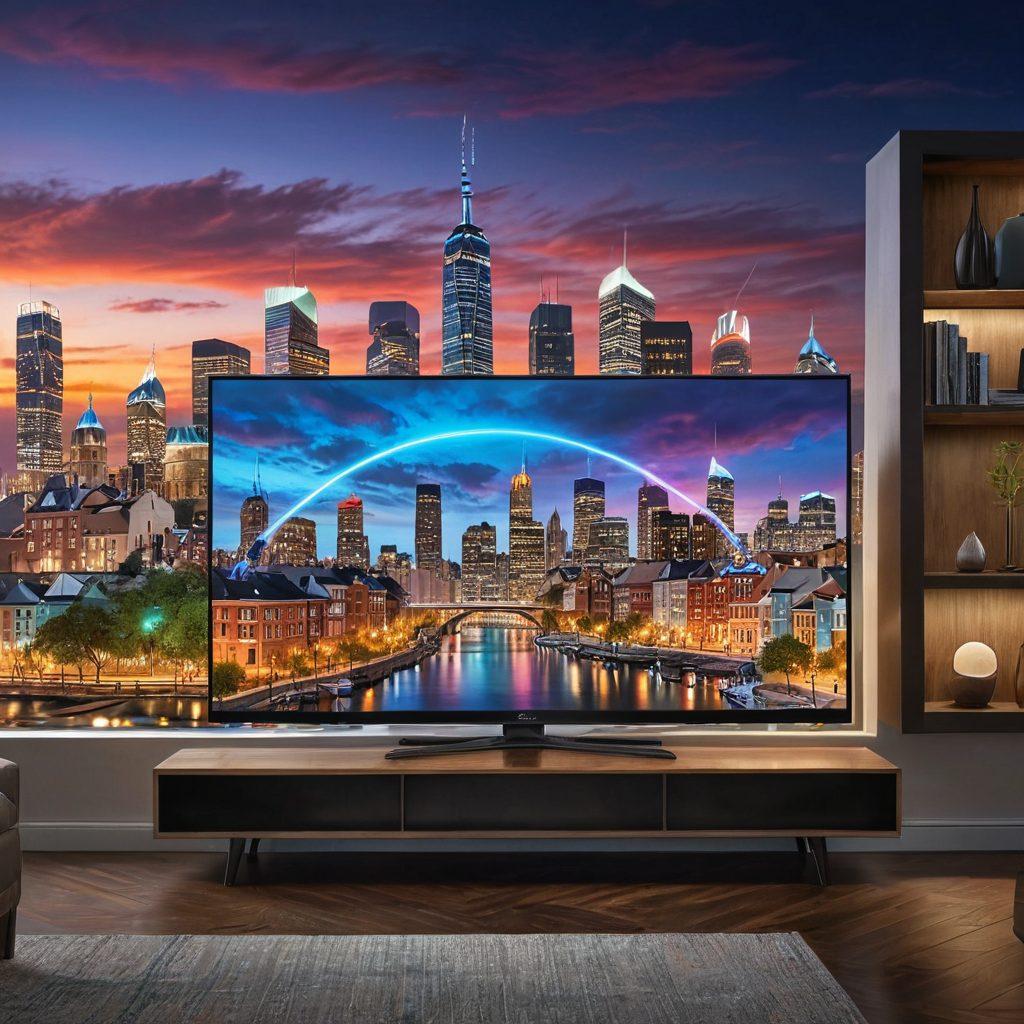 A vibrant image showing a sleek, modern smart TV emitting digital streams transforming into classical television antennas. The background should feature a cityscape blending old and new architectural elements, symbolizing the merging of traditions. Add a subtle ethereal glow around the digital streams to represent the evolution. super-realistic. vibrant colors. modern art style.